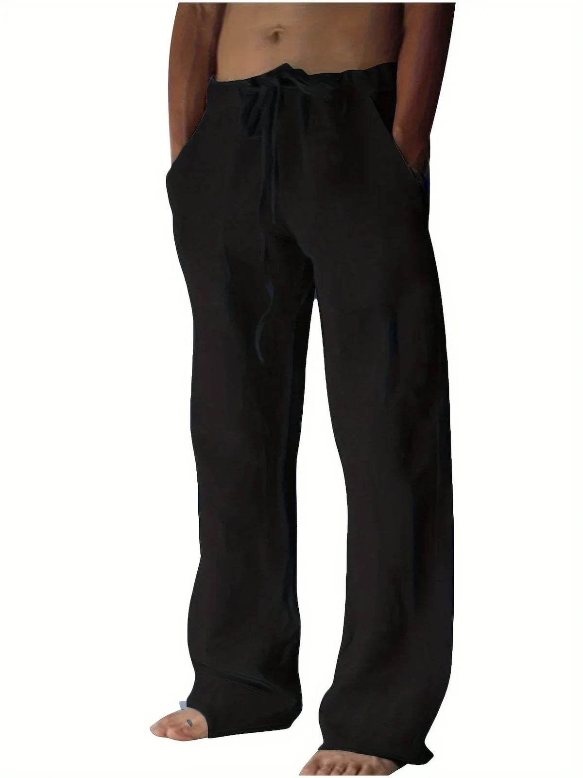 Black linen-style drawstring pants with a relaxed fit, close-up front view showing waistband tie