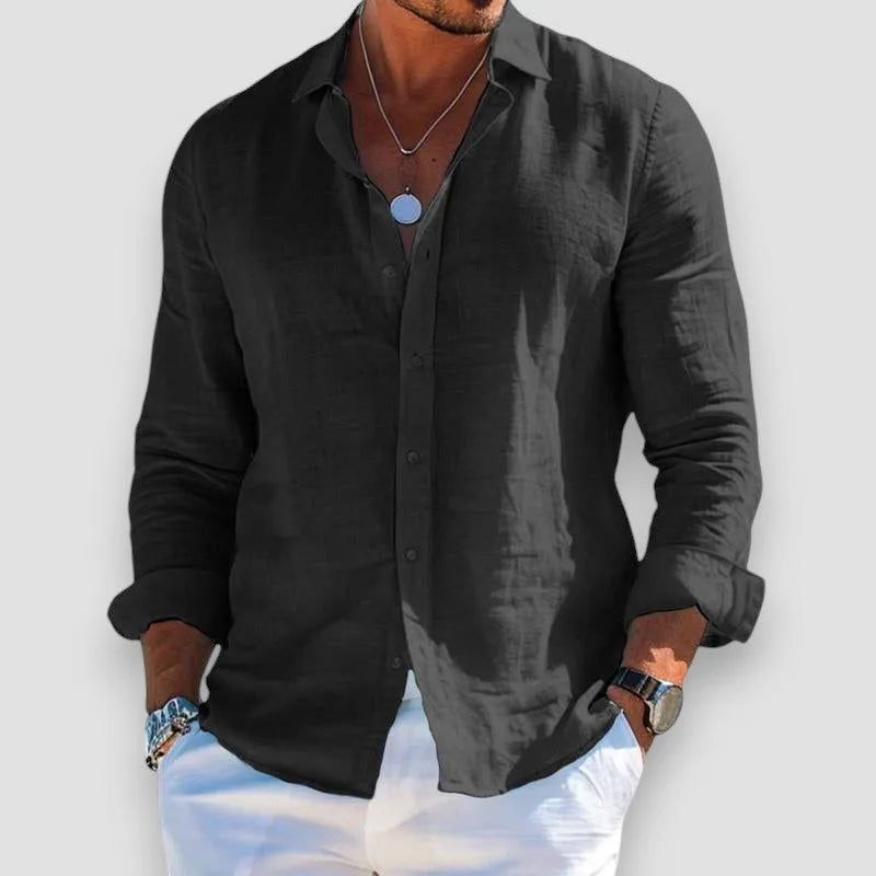 Dark grey linen-blend shirt with classic collar and button-down front, shown from the chest up