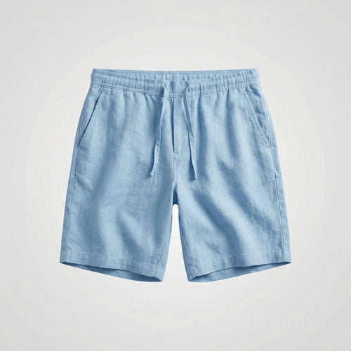 Light blue linen shorts shown flat, featuring an elasticated drawstring waist and side pockets