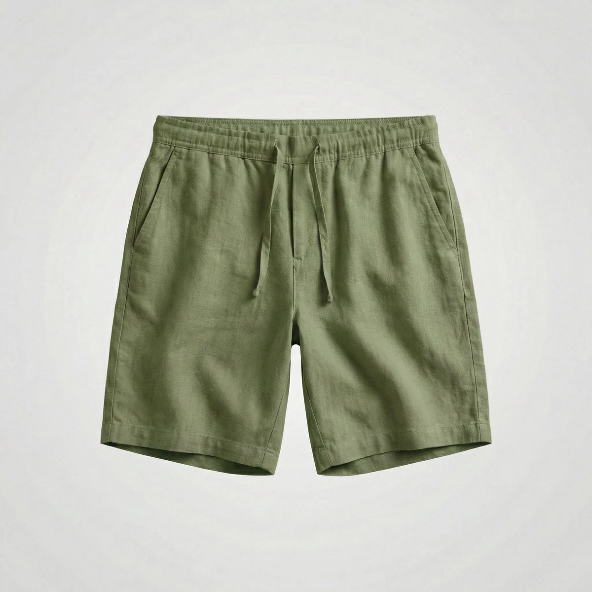 Navy blue linen shorts laid flat against a plain background, front view