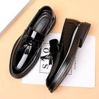 Both shoes laid flat showing the stitched leather lining, cushioned footbed and thick platform sole from heel to toe.