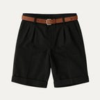 Close-up of the zip fly and waistband closure on the pleated chino shorts