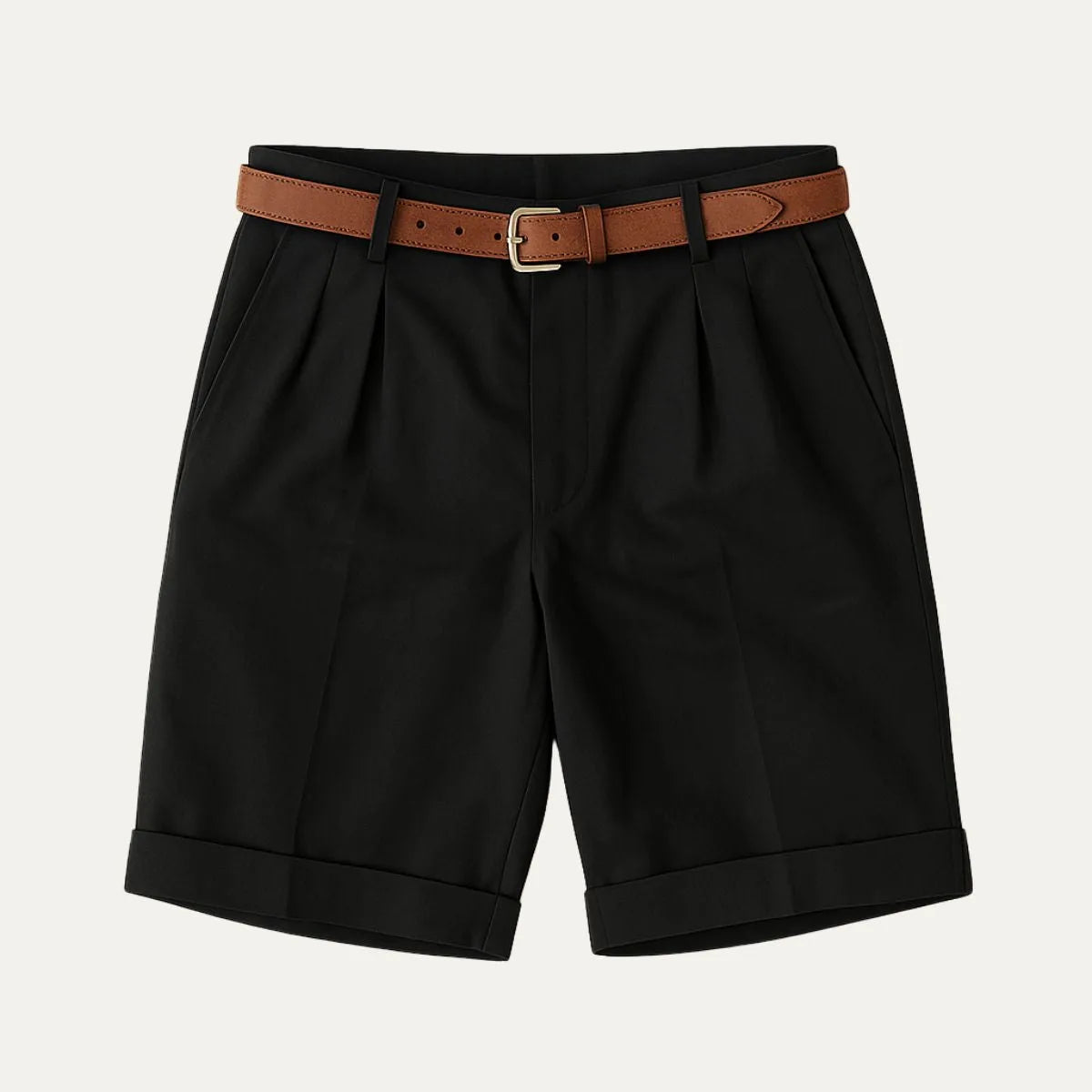 Close-up of the zip fly and waistband closure on the pleated chino shorts