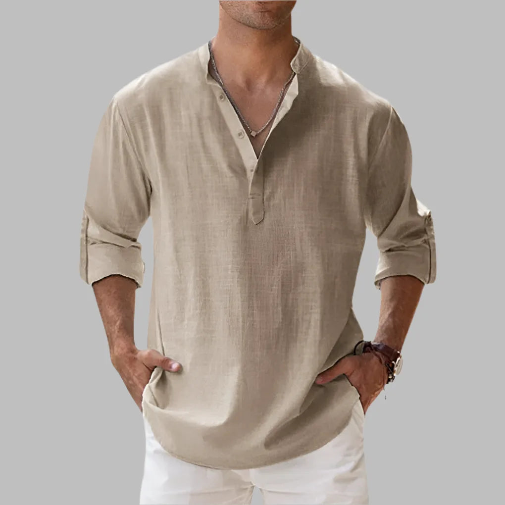 Men's Relaxed Linen Notch Collar Shirt for Summer image 9