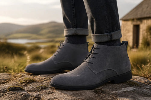 Man wearing grey suede chukka boots with rolled cuffed jeans, standing on a rock with hills in the background.