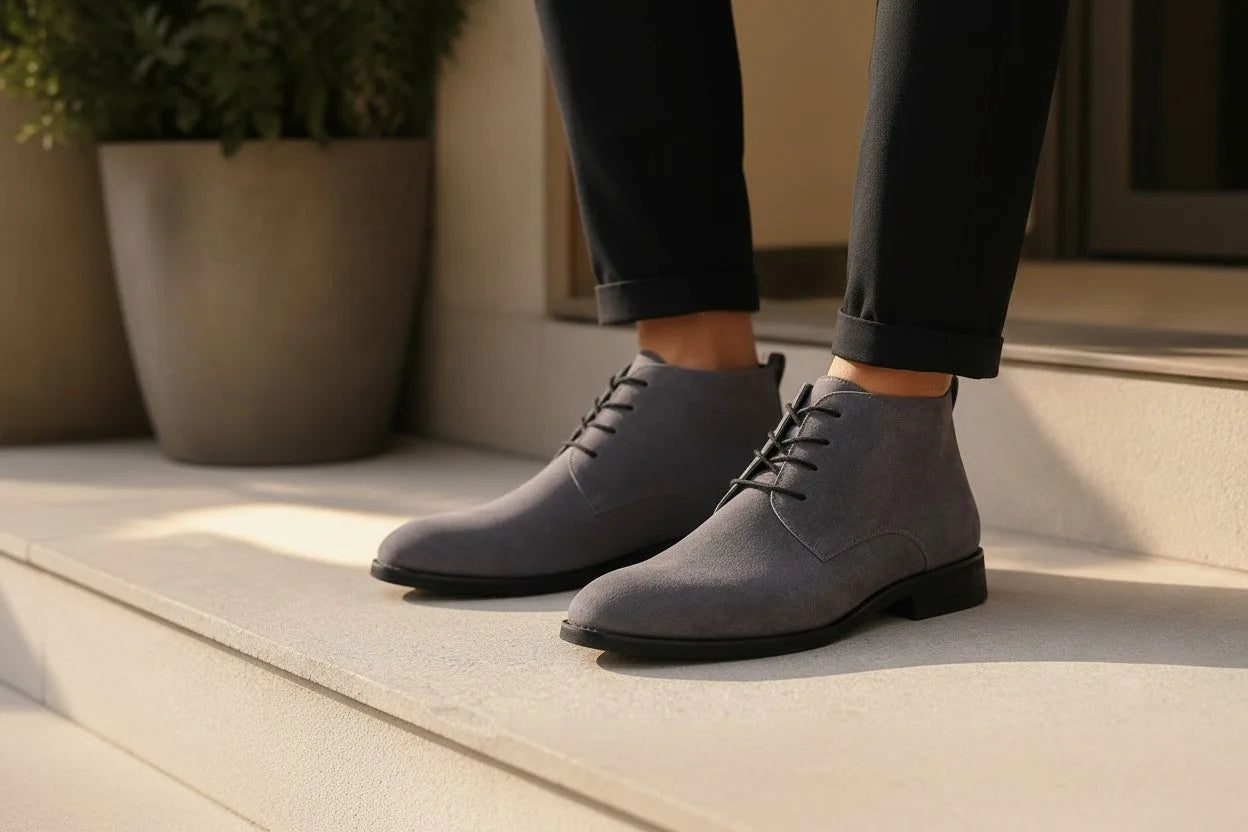 Detailed side profile of grey suede chukka boots with black laces and sole, worn outdoors in natural light.