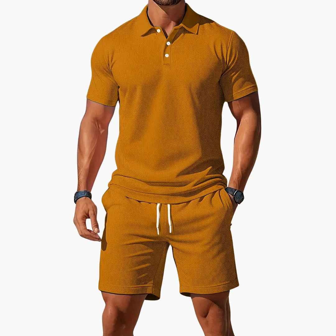 Close-up front view showing the textured fabric weave and three-button placket of the polo shirt.