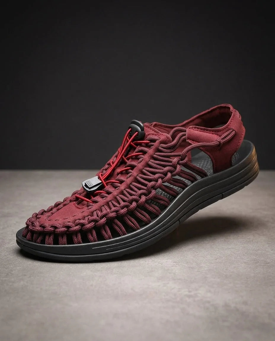 Burgundy woven cord sandal with black sole and red lace detail, side profile shot against a concrete backdrop