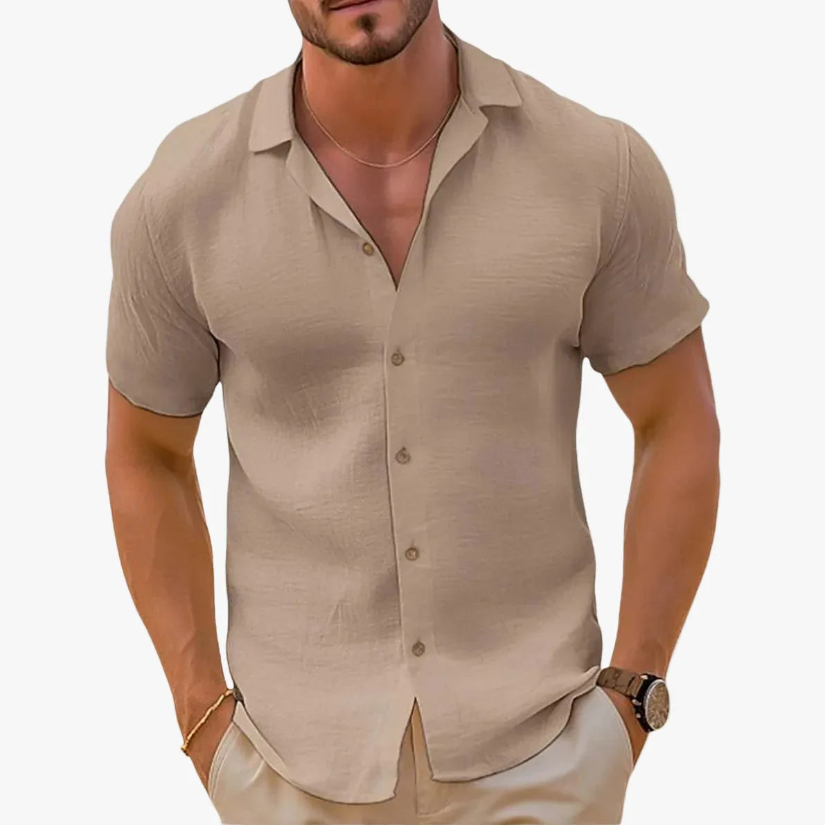 Front view of khaki woven short sleeve shirt with camp collar and button placket, worn open at the neck