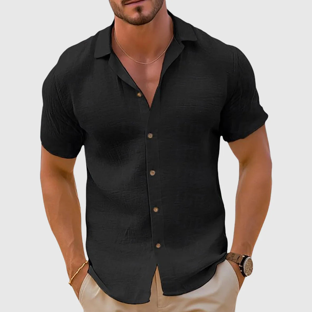 Adrian | Men's Woven Short Sleeve Shirt with Camp Collar