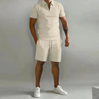 Khaki zip-collar polo shirt and matching shorts set shown on a model, front facing pose