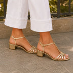 Front view of gold T-strap heeled sandals showing buckled ankle strap and square open toe