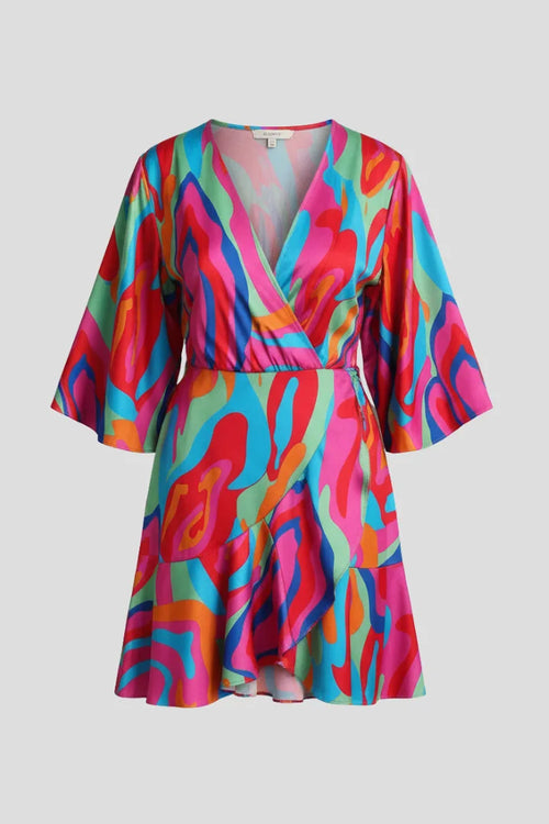 Front view of a colourful abstract swirl print mini wrap dress with batwing sleeves on a plain background