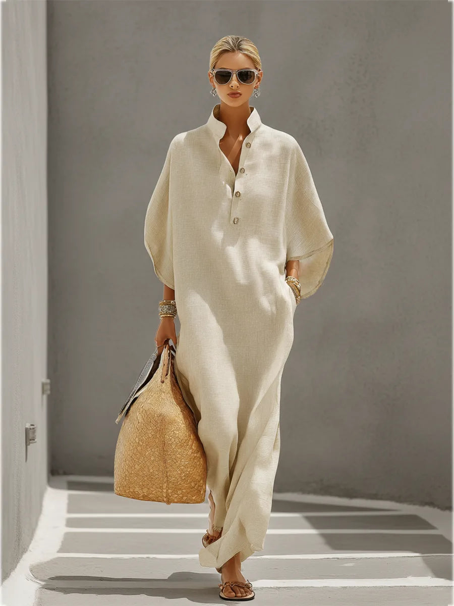 Zoe | Oatmeal Linen Maxi Dress with Mandarin Collar for Women