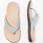 Top and side view of a light blue thong sandal with silver buckle, tan contoured footbed and brown outsole