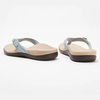 Back angled view of a pair of light blue thong sandals showing the heel strap, footbed texture and brown sole