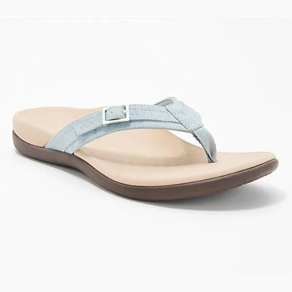 Single light blue thong sandal shown at an angle, highlighting the adjustable buckle strap and cushioned tan footbed