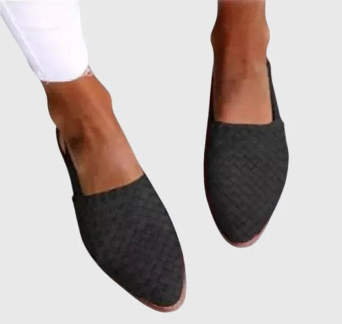 Black woven textured slingback flats with pointed toe and slingback strap detail