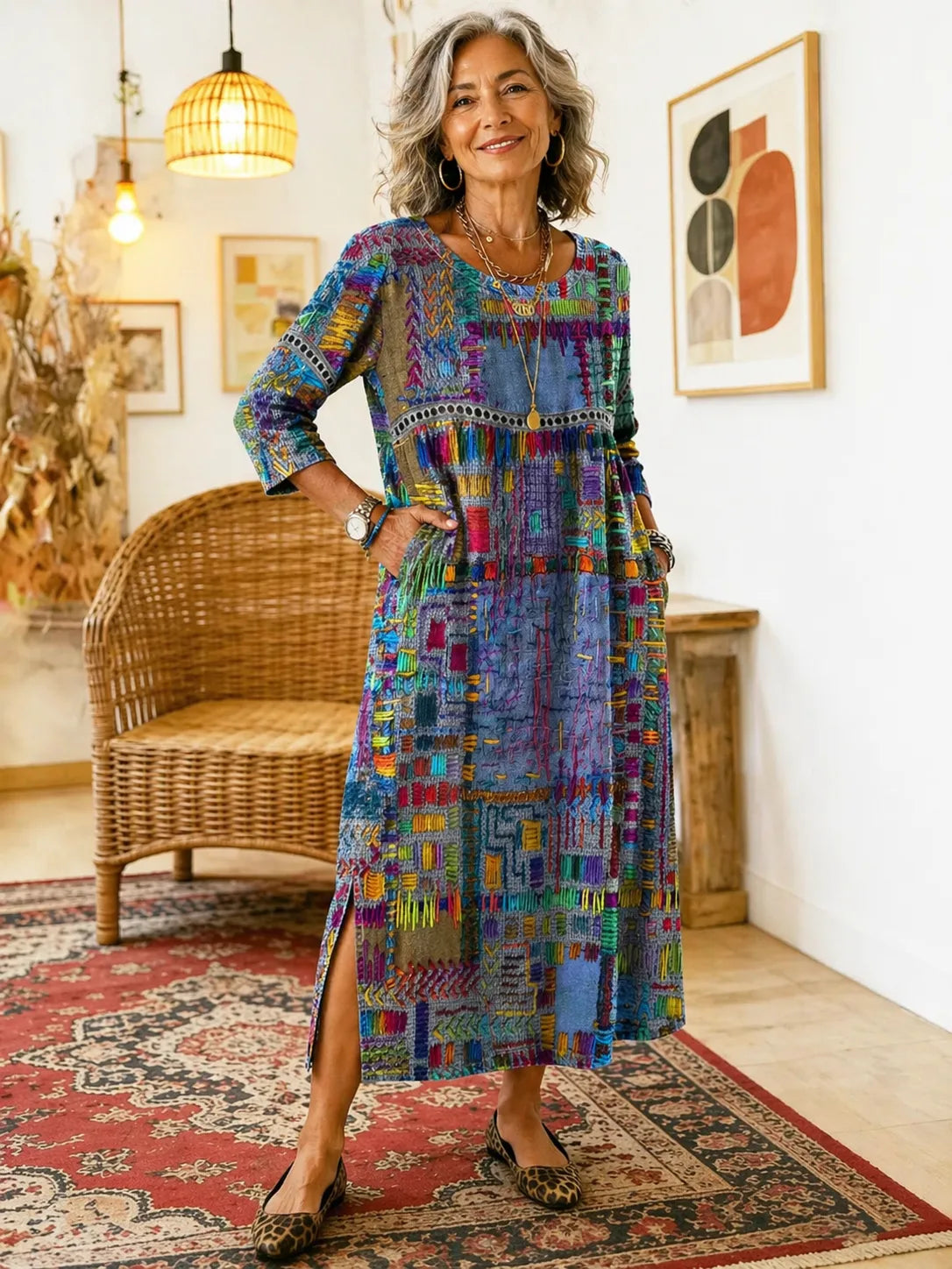 Older woman wears a blue multicolour patchwork-print midi dress with three-quarter sleeves, styled with leopard-print flats