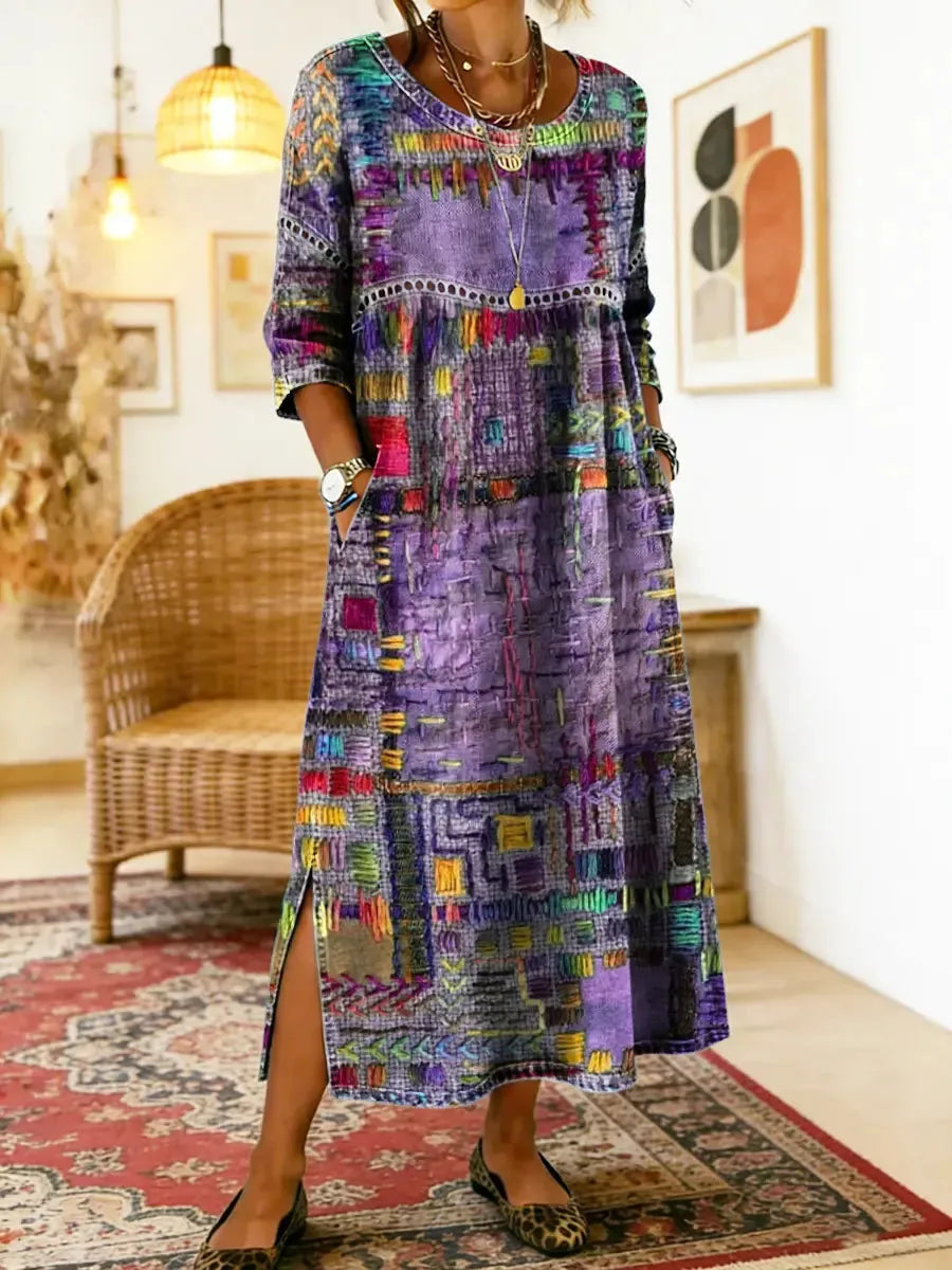 Close-up front view of the purple colourway showing the textured woven-look print and scalloped trim at the waist