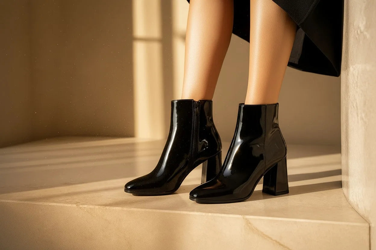 Black patent leather ankle boots shown on stone steps, highlighting the glossy finish and heel shape.
