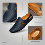 Four-panel detail grid showing breathable perforated leather, tan genuine leather lining, and cushioned footbed support