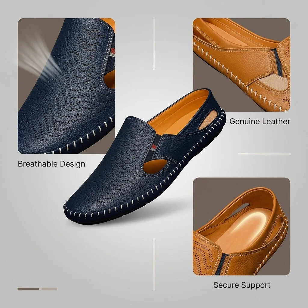 Four-panel detail grid showing breathable perforated leather, tan genuine leather lining, and cushioned footbed support
