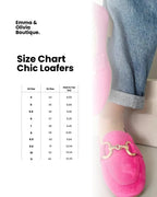 Close-up of the hot pink suede loafer's gold hardware and stitched toe detail, next to a size chart graphic.