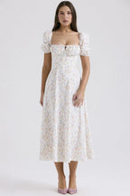Front view highlighting the structured boned bodice and square neckline of the corset dress
