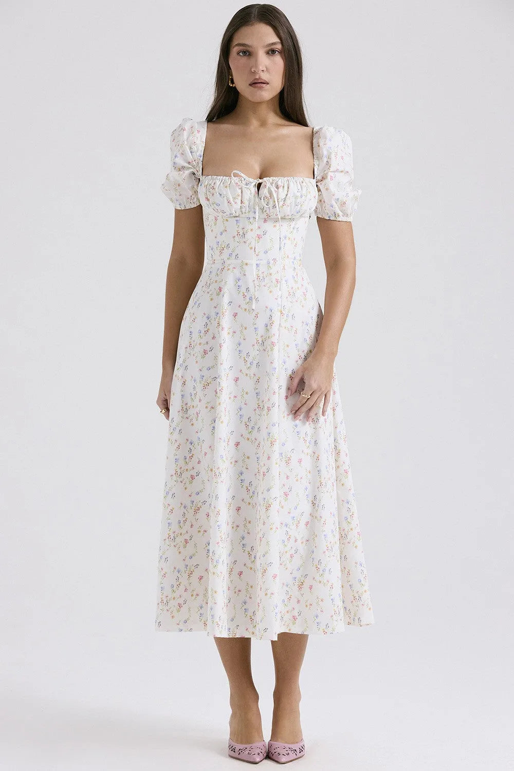 Front view highlighting the structured boned bodice and square neckline of the corset dress