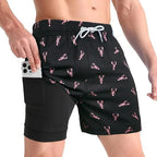 Side view of black swim shorts with pink lobster print, showing the inner pocket holding a phone