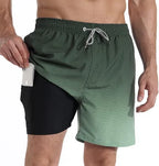 Side profile of sage green chevron-print swim shorts with black inner compression layer and phone pocket