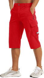 Back and side view of red quick-dry cargo shorts with zip pocket and buttoned flap pocket on the thigh
