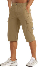 Side profile of khaki cargo shorts showing the longer capri-style length and zip side pocket