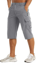 Grey cargo shorts worn with white sneakers, showing the relaxed fit through the hip and thigh