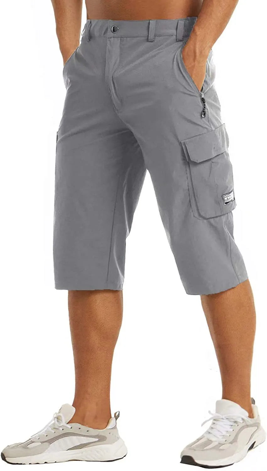 Grey cargo shorts worn with white sneakers, showing the relaxed fit through the hip and thigh