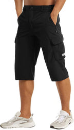 Black cargo shorts with visible belt loops, button waist tab and zippered side pocket detail