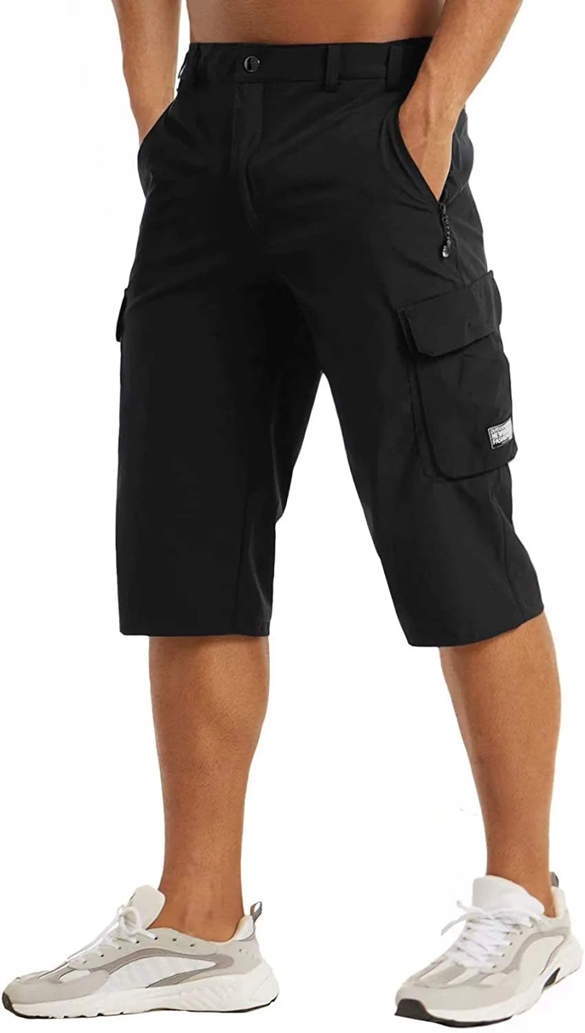 Black cargo shorts with visible belt loops, button waist tab and zippered side pocket detail