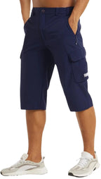 Navy cargo shorts shown from the side, highlighting the flap cargo pocket with brand patch