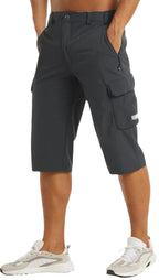 Charcoal grey cargo shorts in a three-quarter side view showing the tapered knee-length hem