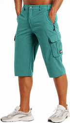 Close side view of green cargo shorts with open flap pocket and zip pocket above it