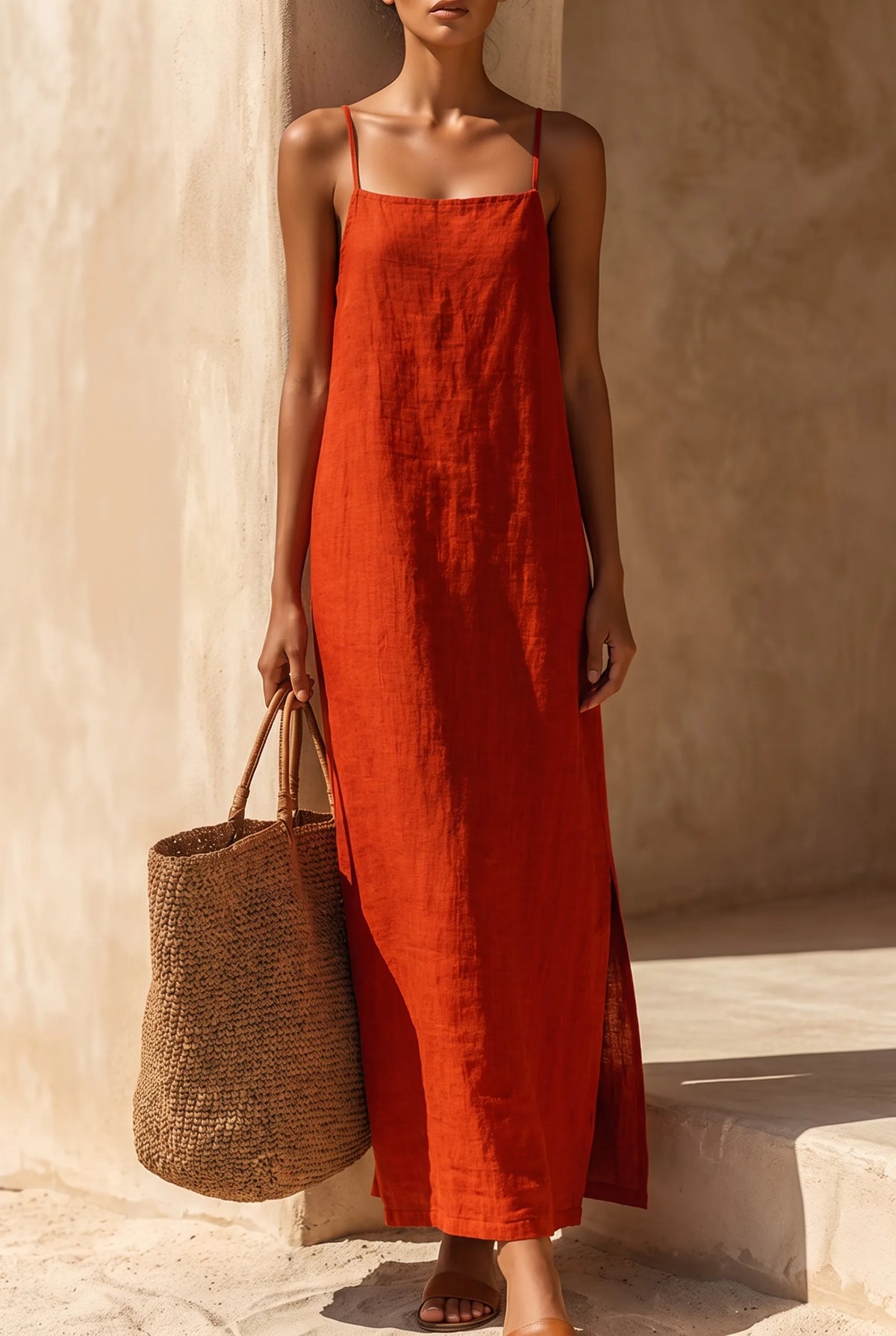 Model in a rust red linen maxi dress with square neck and thin straps, holding a woven straw tote against a sunlit wall