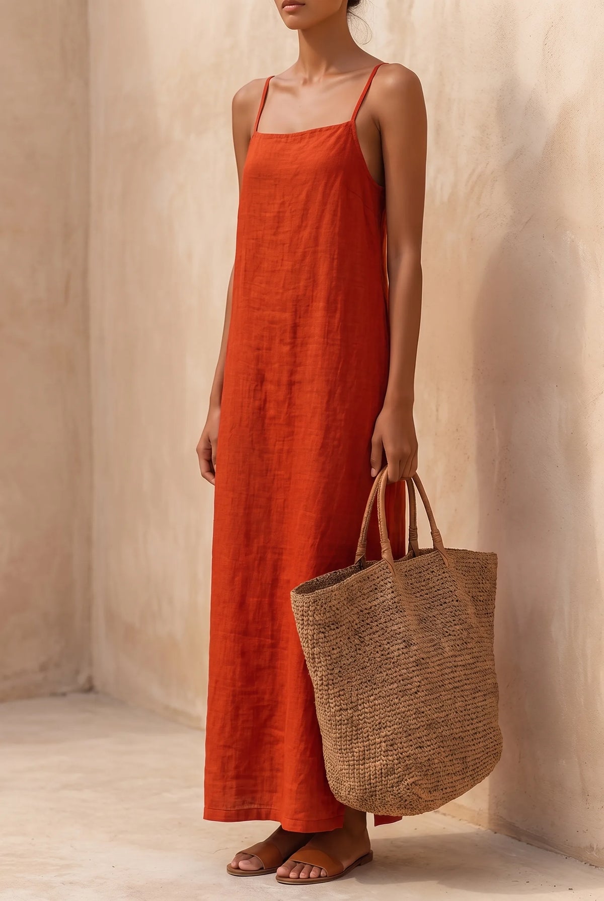 Bonnie | Red Linen Maxi Dress with Square Neck for Women