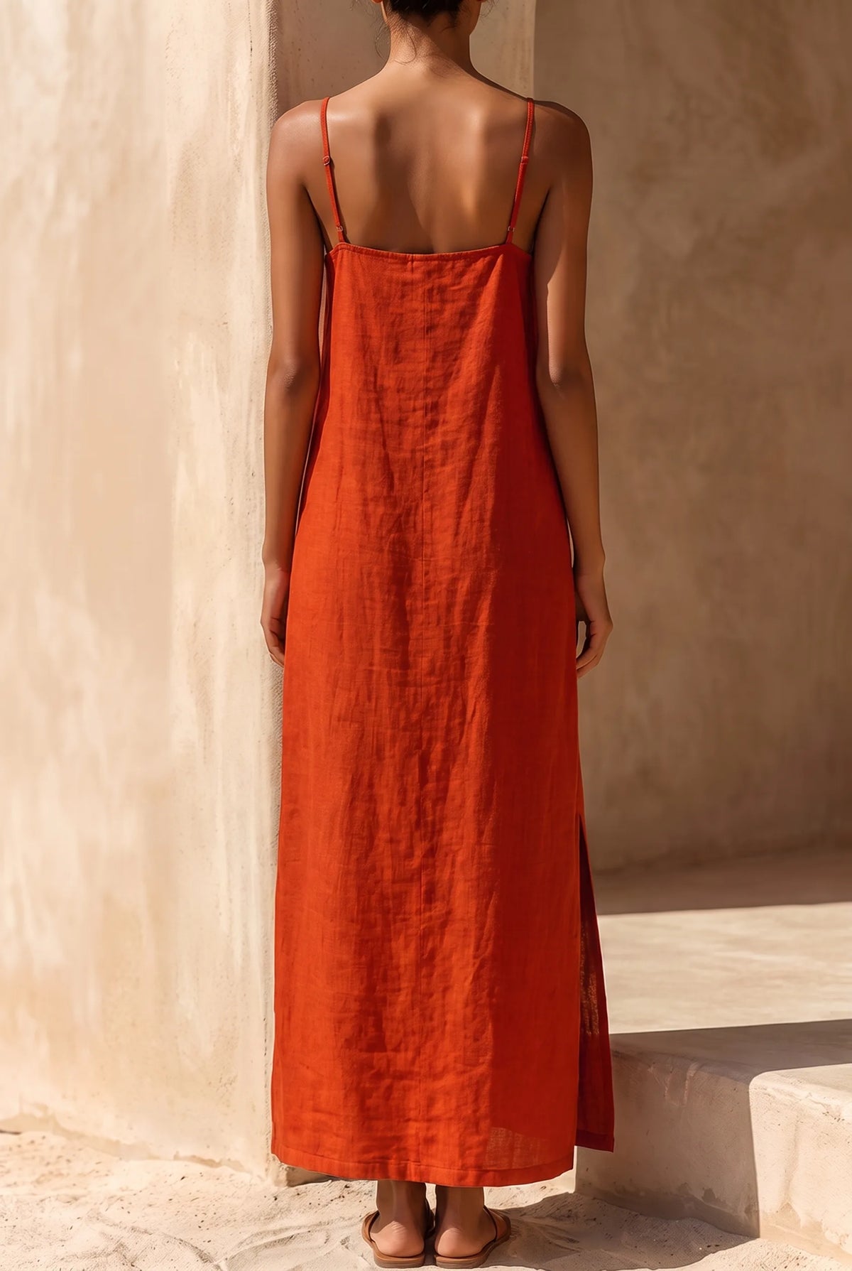Back view of the red linen maxi dress showing the adjustable spaghetti straps and square back neckline detail