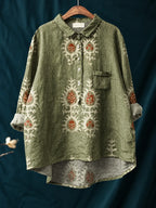 Full length view showing the relaxed fit falling loosely from shoulder to hip