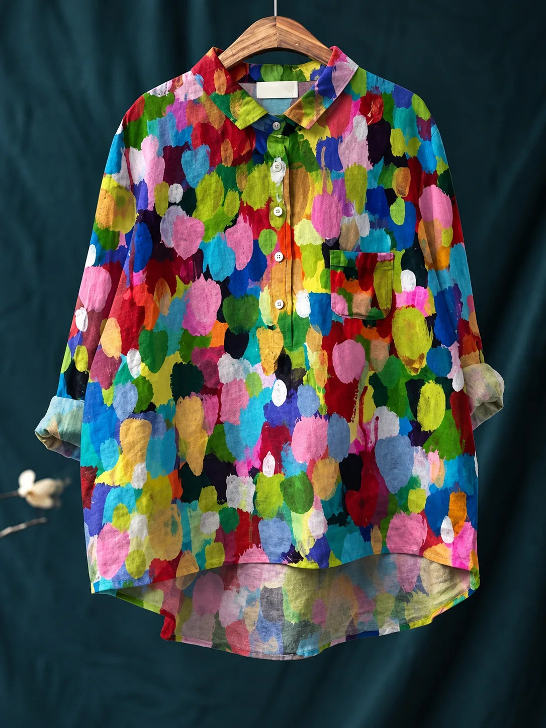 Relaxed shirt covered in a colourful abstract brushstroke print in pink, green, blue and red