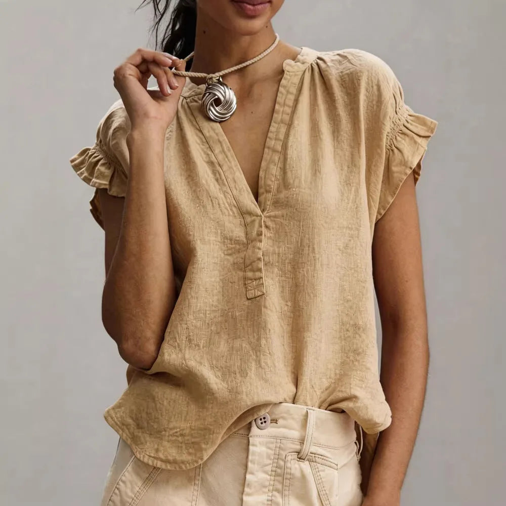 Cecilia | Relaxed Linen V-Neck Blouse with Ruffle Sleeves for Women
