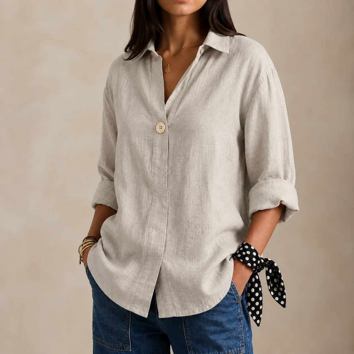 Beige linen blouse with V-neckline and single button, shown with rolled-up sleeves and a gold pendant necklace