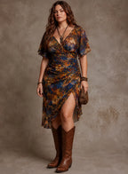 Woman wearing a rust red floral v-neck midi dress with flutter sleeves and brown western boots, front view