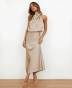Elegant Satin Midi Dress with Draped Cowl Neckline image 10